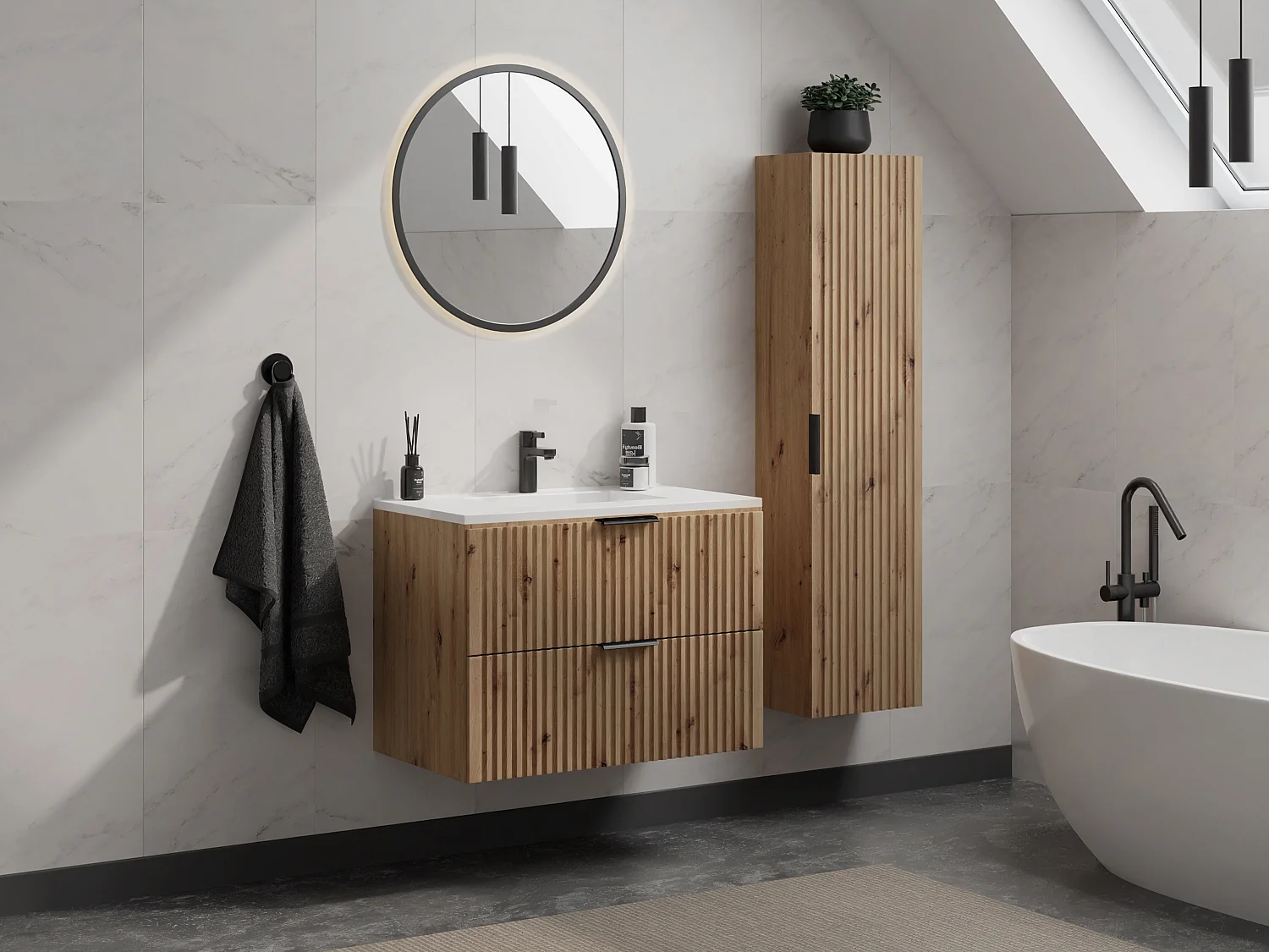 Meuble de salle de bain suspendu strié avec vasque à encastrer - Naturel clair - 80 cm - ZEVARA