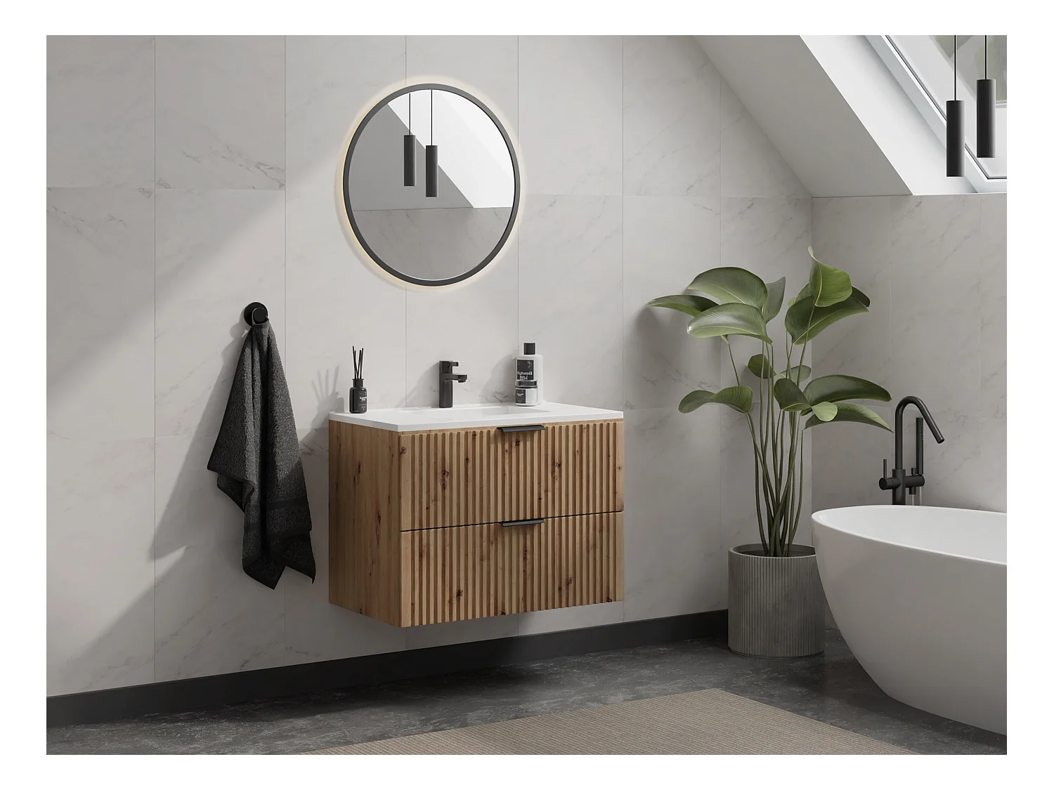 Meuble de salle de bain suspendu strié avec vasque à encastrer - Naturel clair - 80 cm - ZEVARA