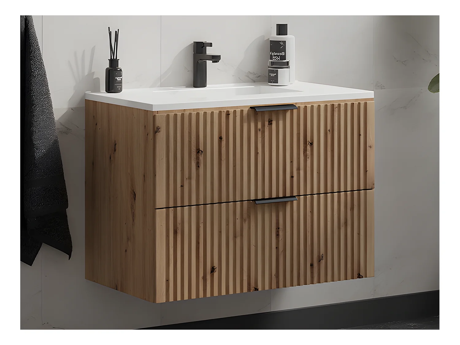 Geribbeld hangmeubel voor badkamer met inbouwwastafel - Licht naturel - 80 cm - ZEVARA