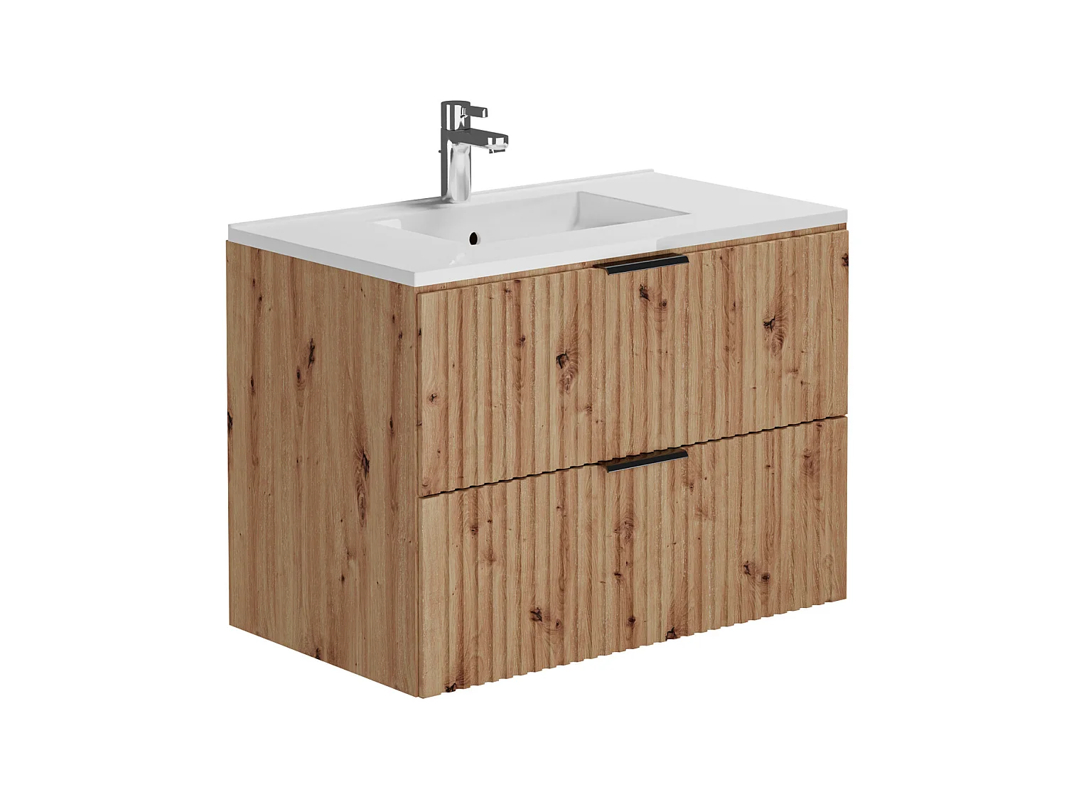 Geribbeld hangmeubel voor badkamer met inbouwwastafel - Licht naturel - 80 cm - ZEVARA