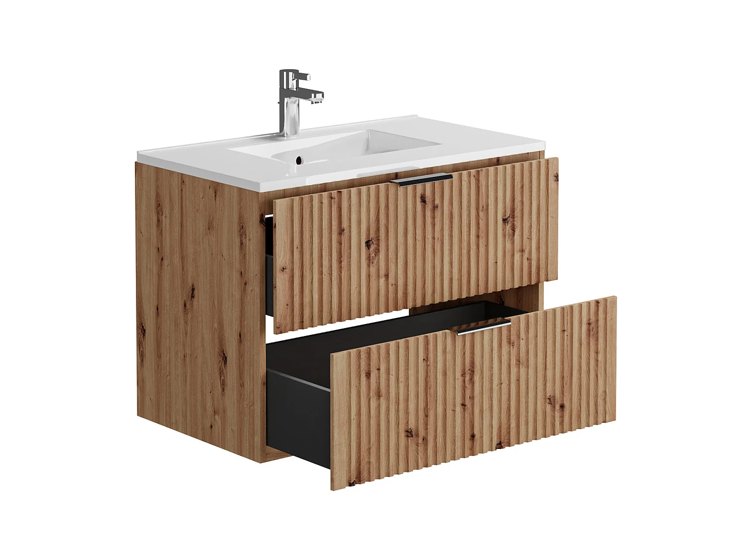 Geribbeld hangmeubel voor badkamer met inbouwwastafel - Licht naturel - 80 cm - ZEVARA