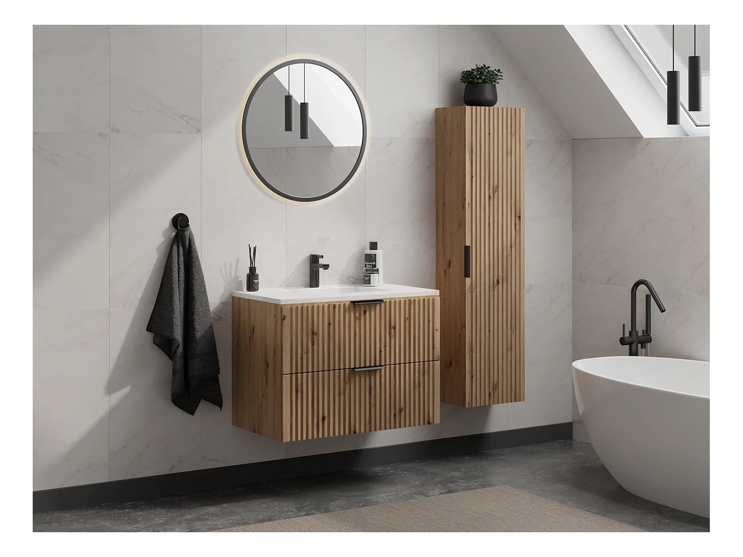 Geribbeld hangmeubel voor badkamer met inbouwwastafel - Licht naturel - 80 cm - ZEVARA