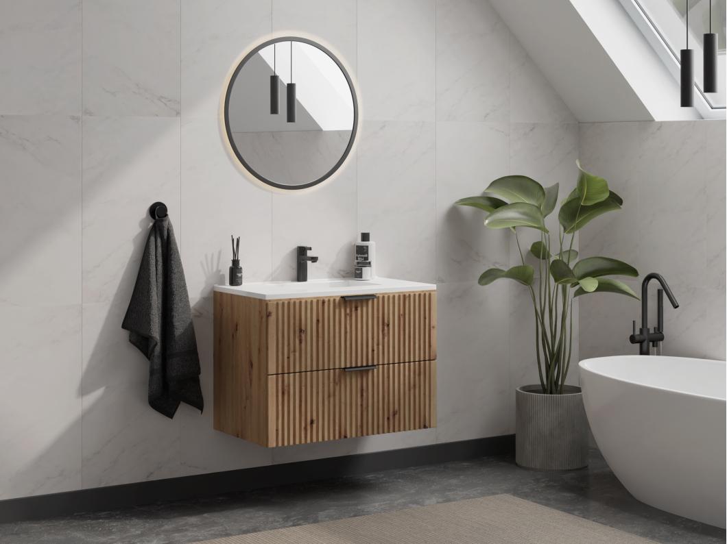 Geribbeld hangmeubel voor badkamer met inbouwwastafel - Licht naturel - 80 cm - ZEVARA