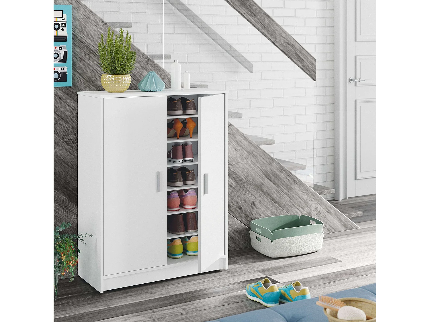 Schuhschrank mit 2 Türen und 6 Aufbewahrungsfächern Basic - L101 cm