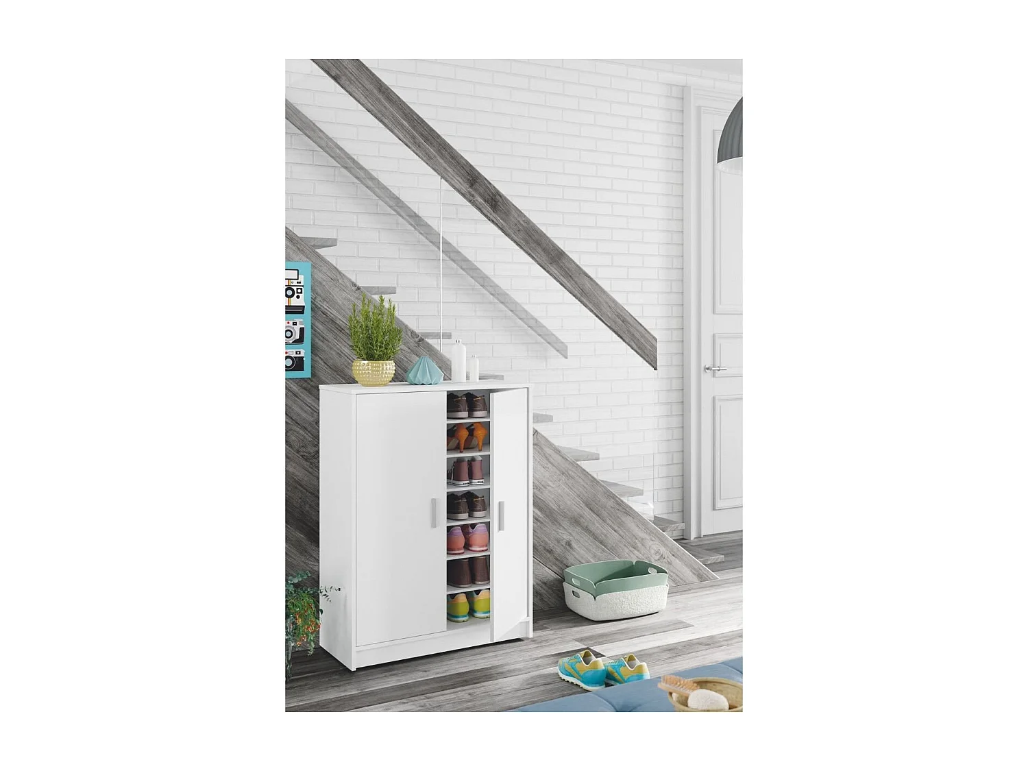 Schuhschrank mit 2 Türen und 6 Aufbewahrungsfächern Basic - L101 cm