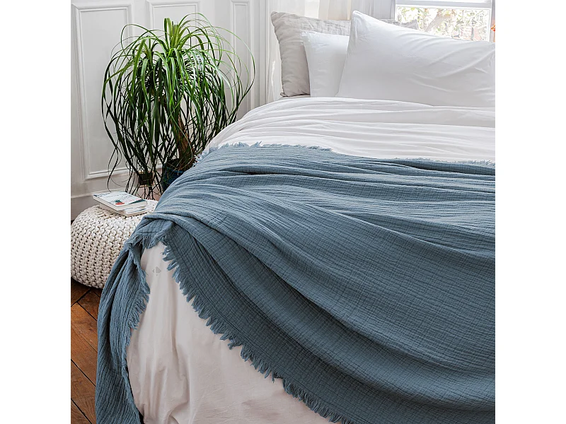Dessus de lit 230x250 cm BREHAT 100% gaze de coton bleu orage