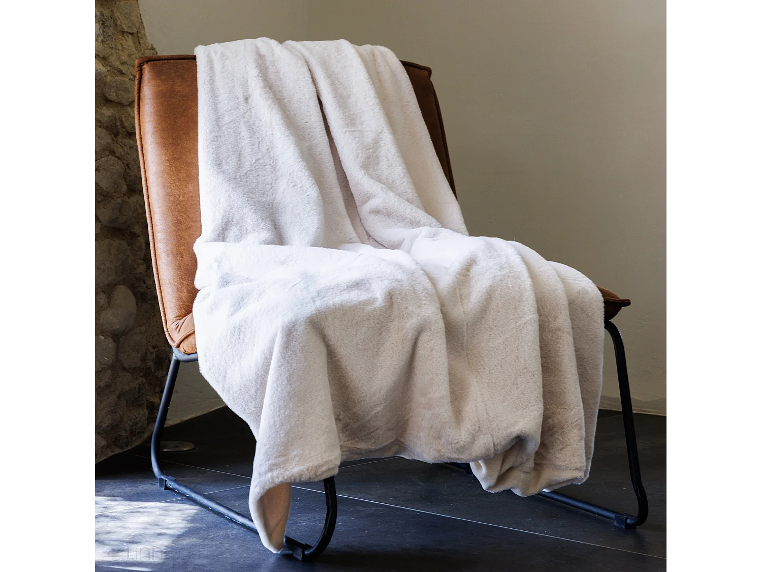 Plaid 130x170 cm WOODLAND en fausse fourrure doublée velours Ecru