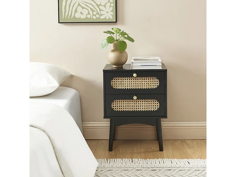 Table de chevet ANATOLE noir et cannage rotin 40cm