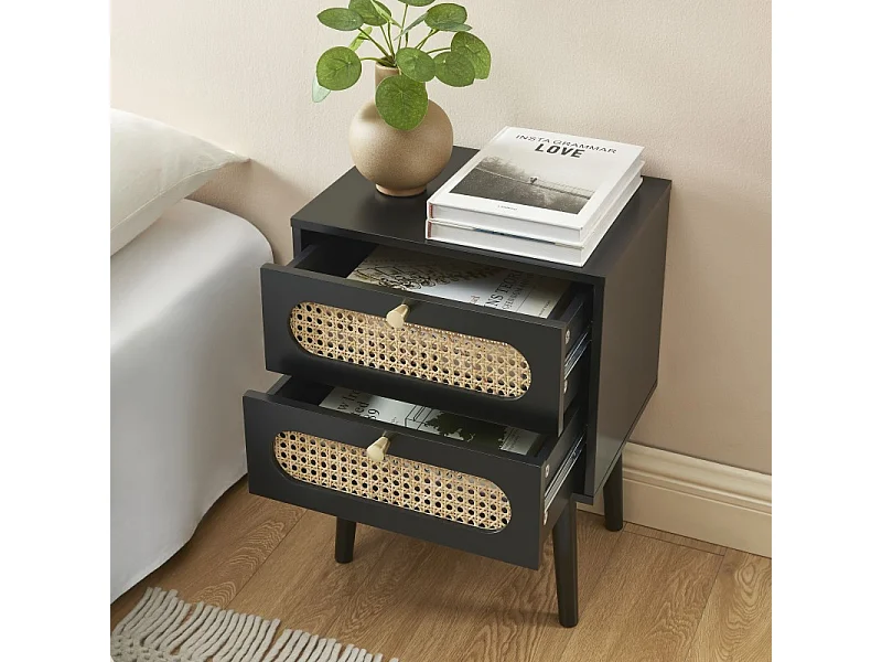 Table de chevet ANATOLE noir et cannage rotin 40cm