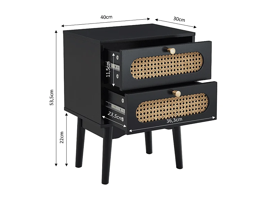 Table de chevet ANATOLE noir et cannage rotin 40cm