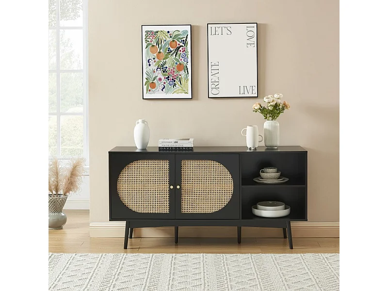 Buffet ANATOLE noir et cannage rotin 150cm