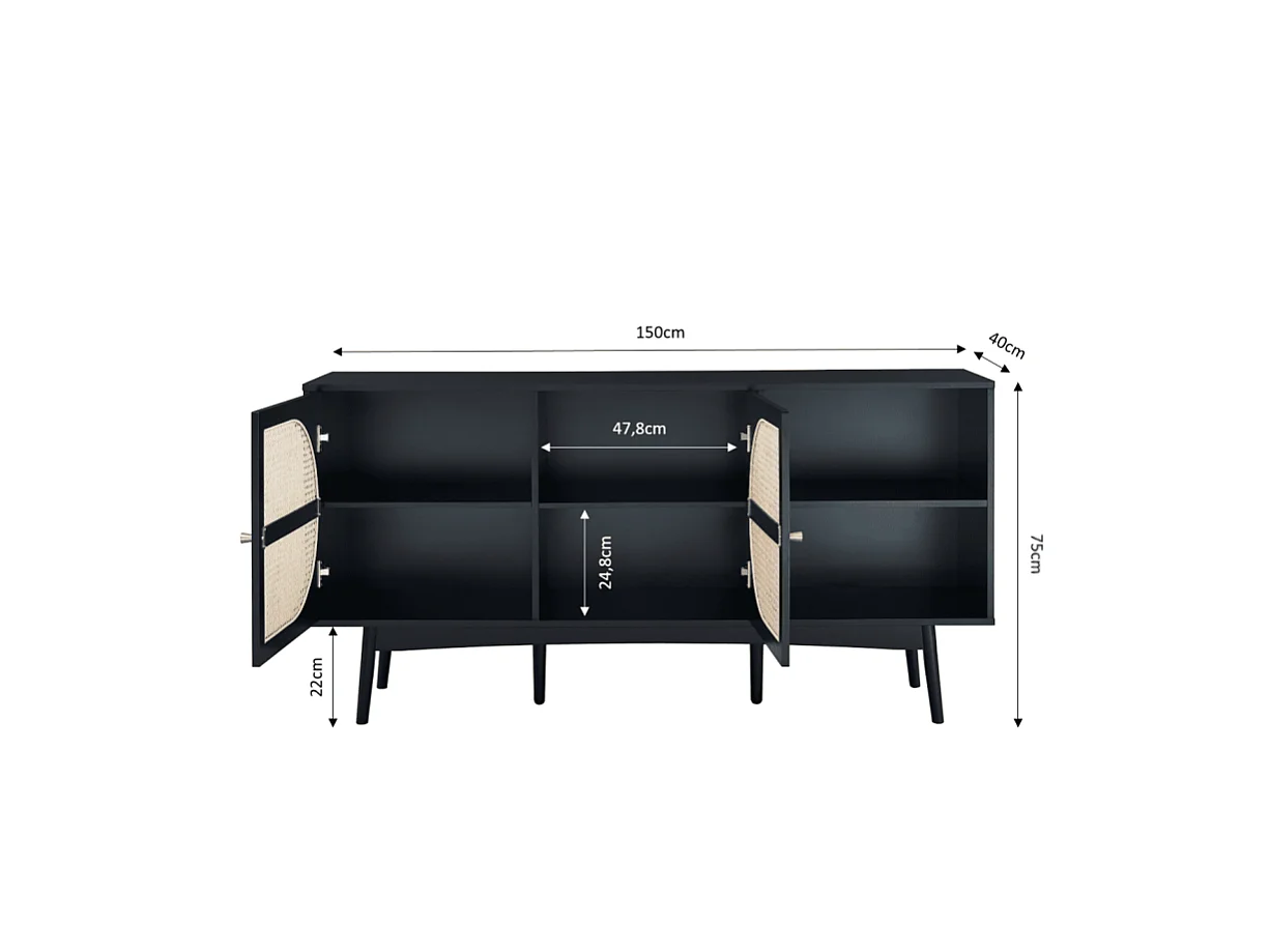 Buffet ANATOLE noir et cannage rotin 150cm