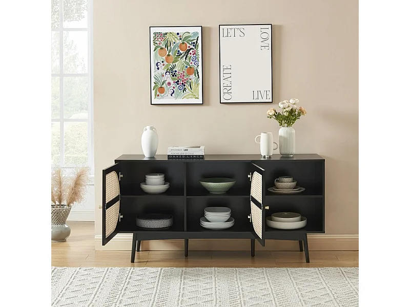 Buffet ANATOLE noir et cannage rotin 150cm