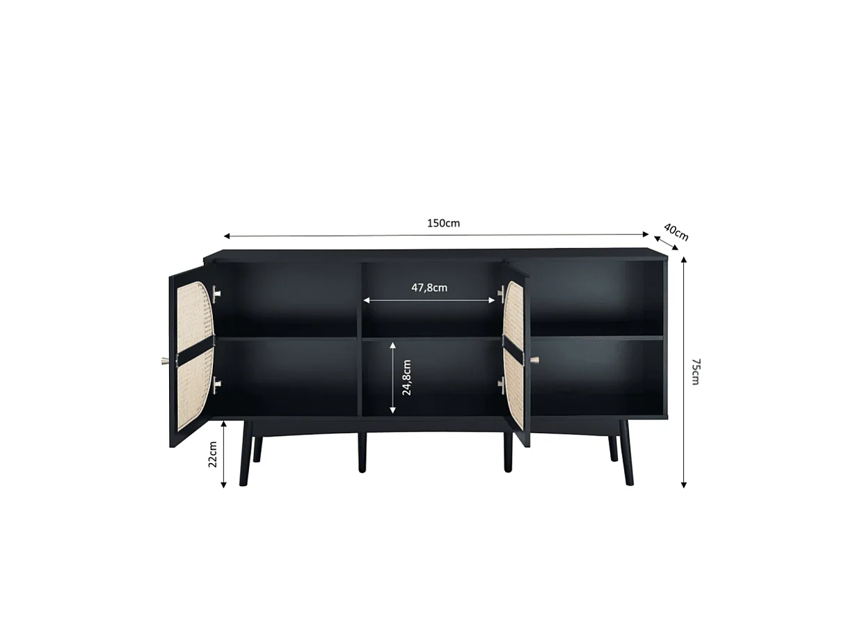 Buffet ANATOLE noir et cannage rotin 150cm