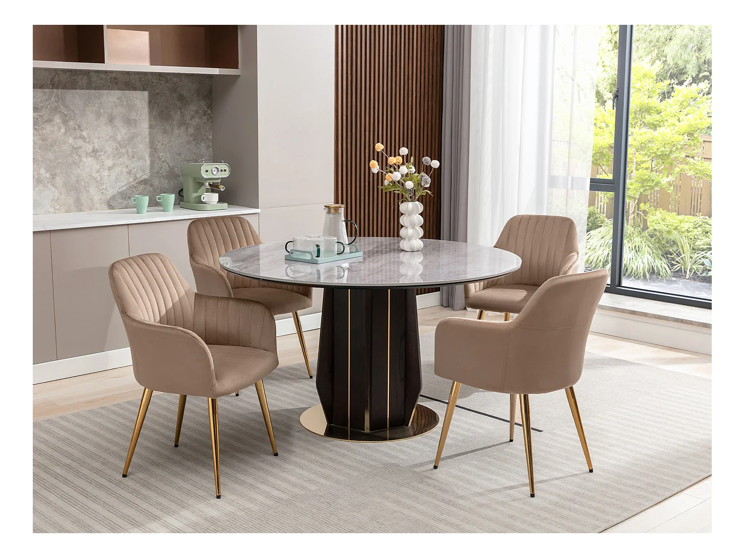 Lot de 6 chaises avec accoudoirs en velours et métal doré - Beige - ELEANA