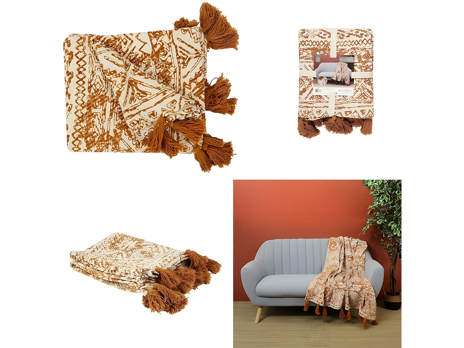 Plaid en Coton Imprimé "Suli" 120x150cm Ocre