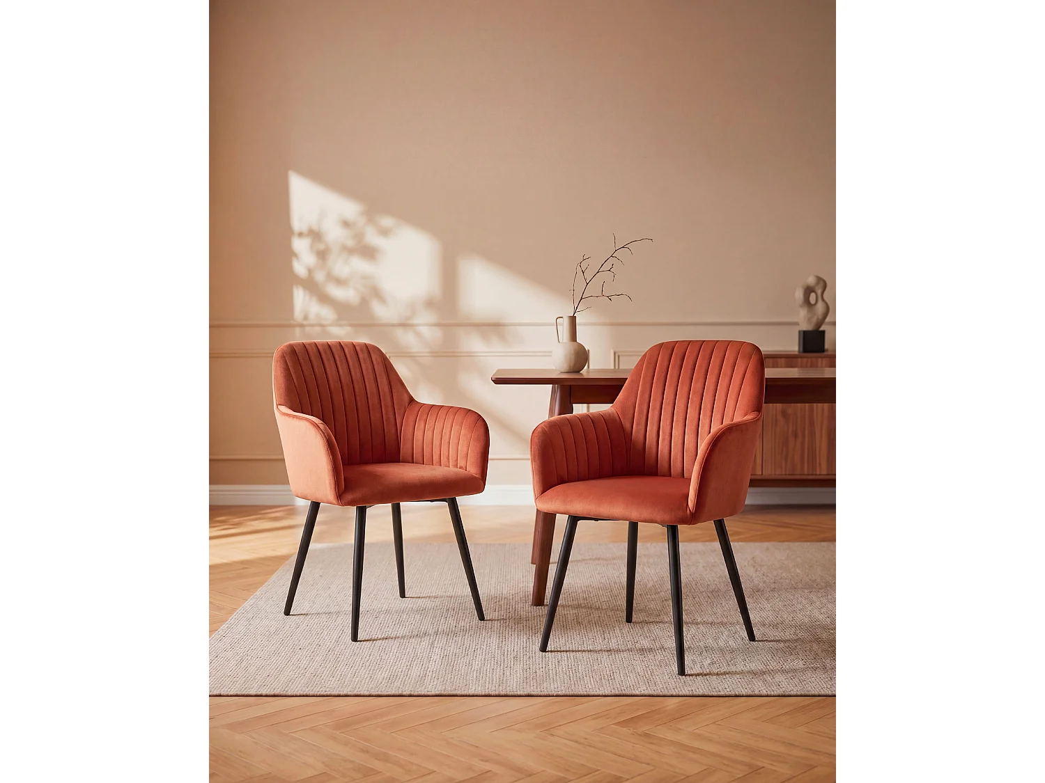 Set van 6 stoelen met armleuningen van velours en zwart metaal - Terracotta - ELEANA