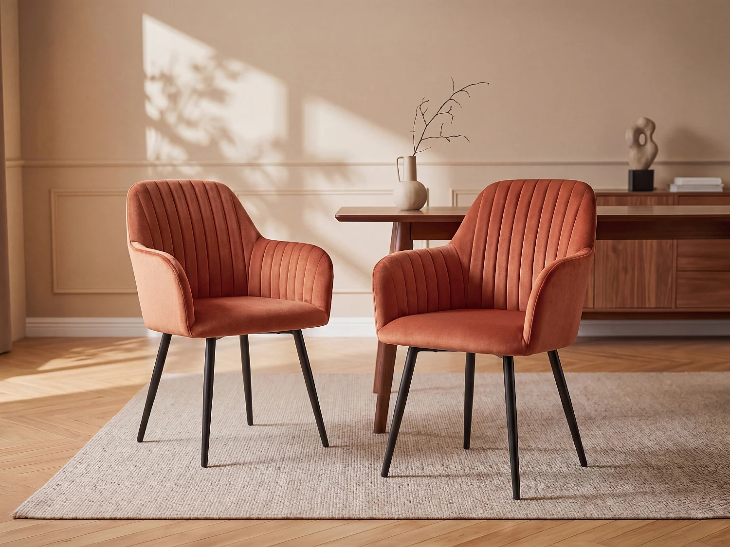 Set van 6 stoelen met armleuningen van velours en zwart metaal - Terracotta - ELEANA