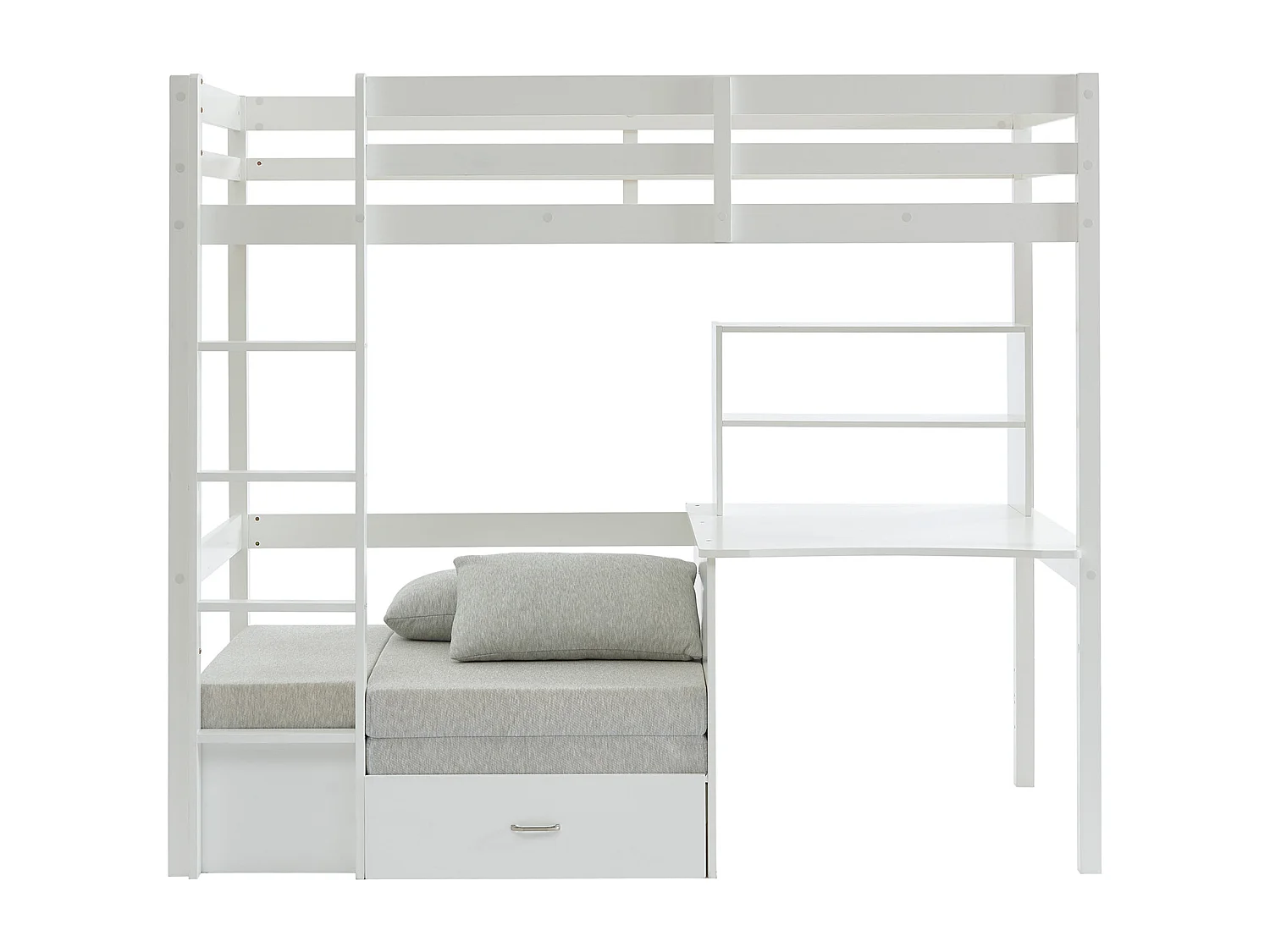 Lit mezzanine 90 x 200 cm avec bureau, sofa convertible et rangements - Pin et MDF - Blanc - GOLIATH III