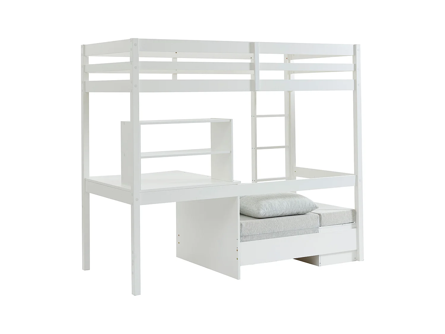 Lit mezzanine 90 x 200 cm avec bureau, sofa convertible et rangements - Pin et MDF - Blanc - GOLIATH III