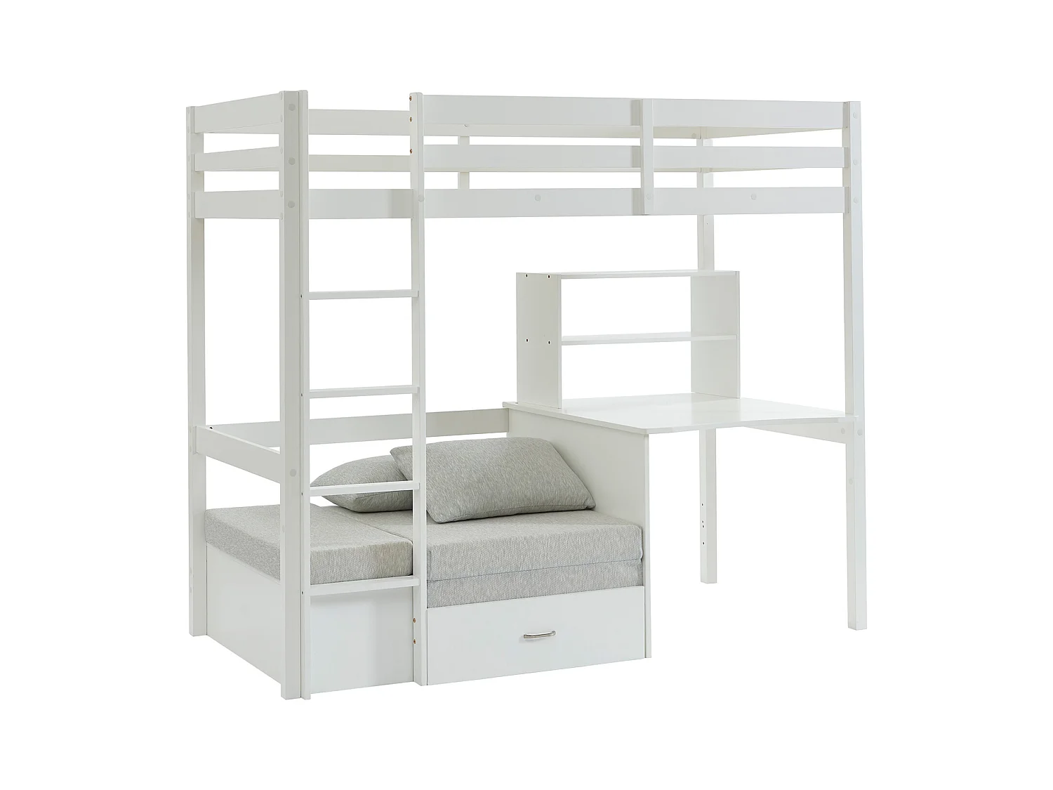 Lit mezzanine 90 x 200 cm avec bureau, sofa convertible et rangements - Pin et MDF - Blanc - GOLIATH III