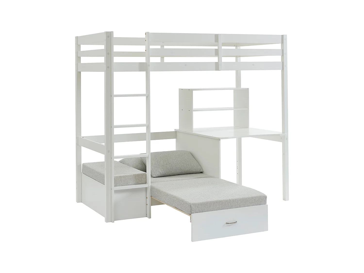 Lit mezzanine 90 x 200 cm avec bureau, sofa convertible et rangements - Pin et MDF - Blanc - GOLIATH III