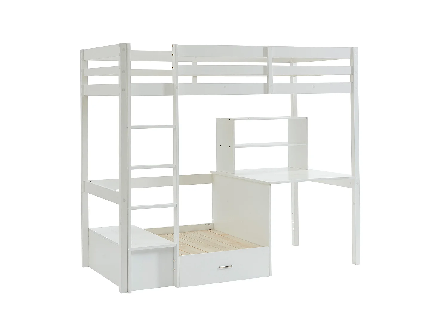 Lit mezzanine 90 x 200 cm avec bureau, sofa convertible et rangements - Pin et MDF - Blanc - GOLIATH III