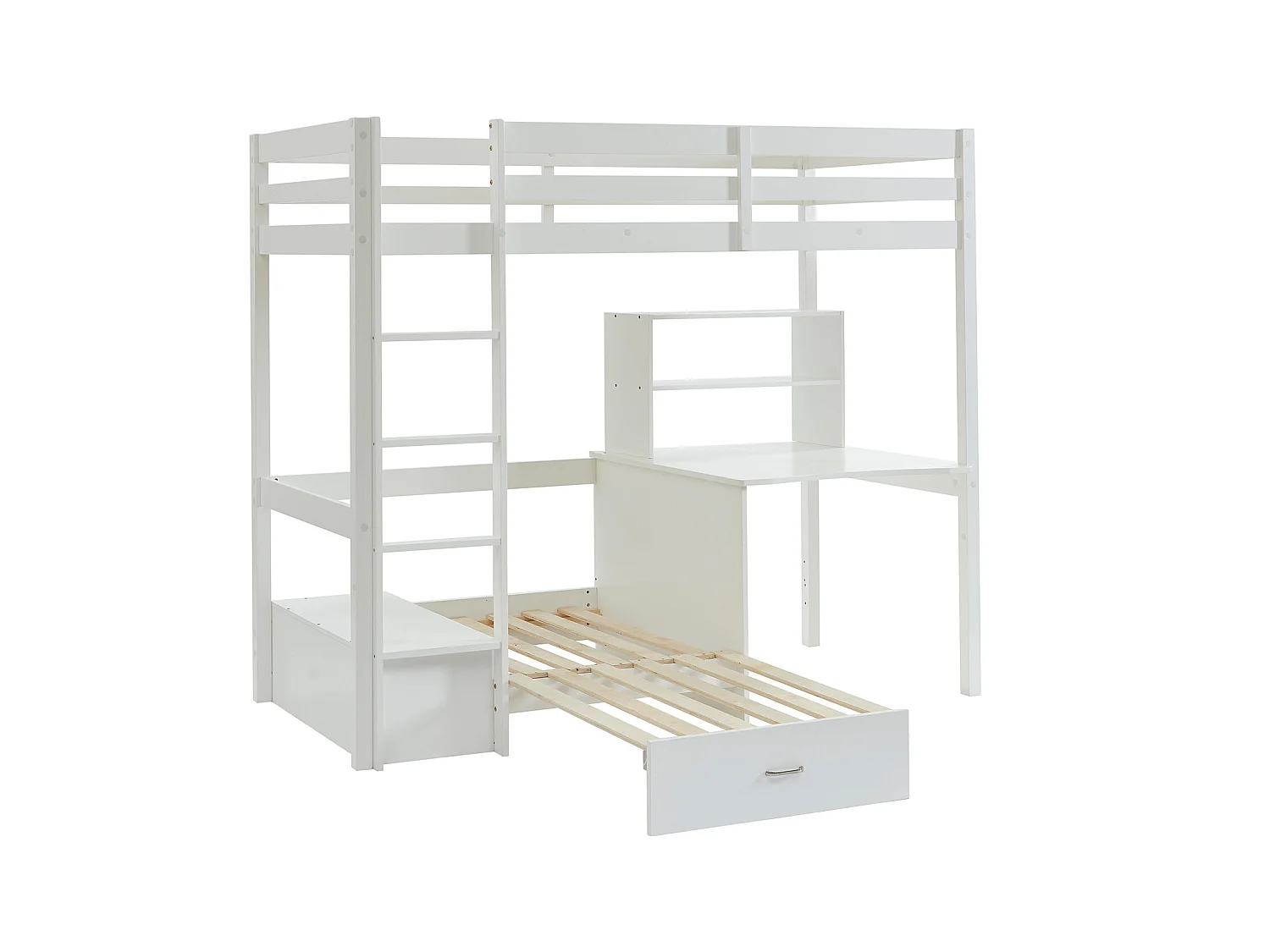 Lit mezzanine 90 x 200 cm avec bureau, sofa convertible et rangements - Pin et MDF - Blanc - GOLIATH III