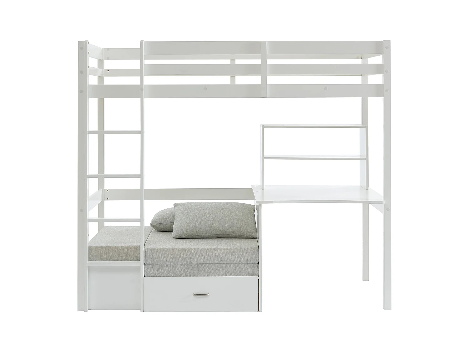 Lit mezzanine 90 x 200 cm avec bureau, sofa convertible et rangements - Pin et MDF - Blanc - GOLIATH III