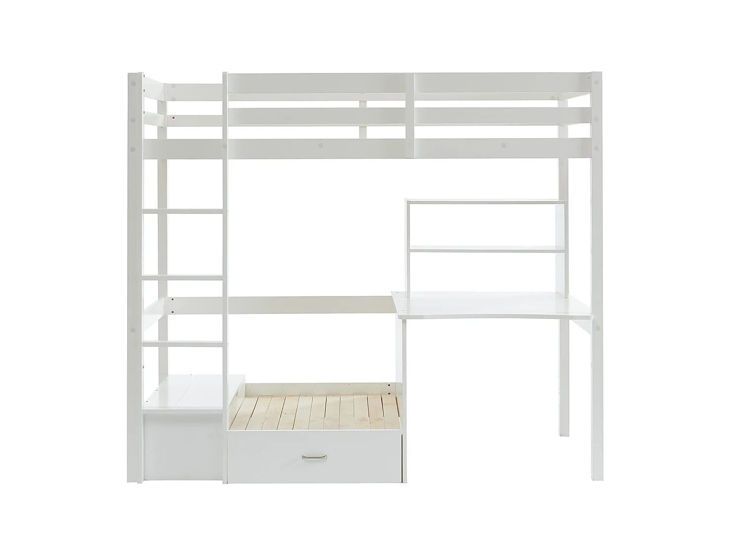Lit mezzanine 90 x 200 cm avec bureau, sofa convertible et rangements - Pin et MDF - Blanc - GOLIATH III