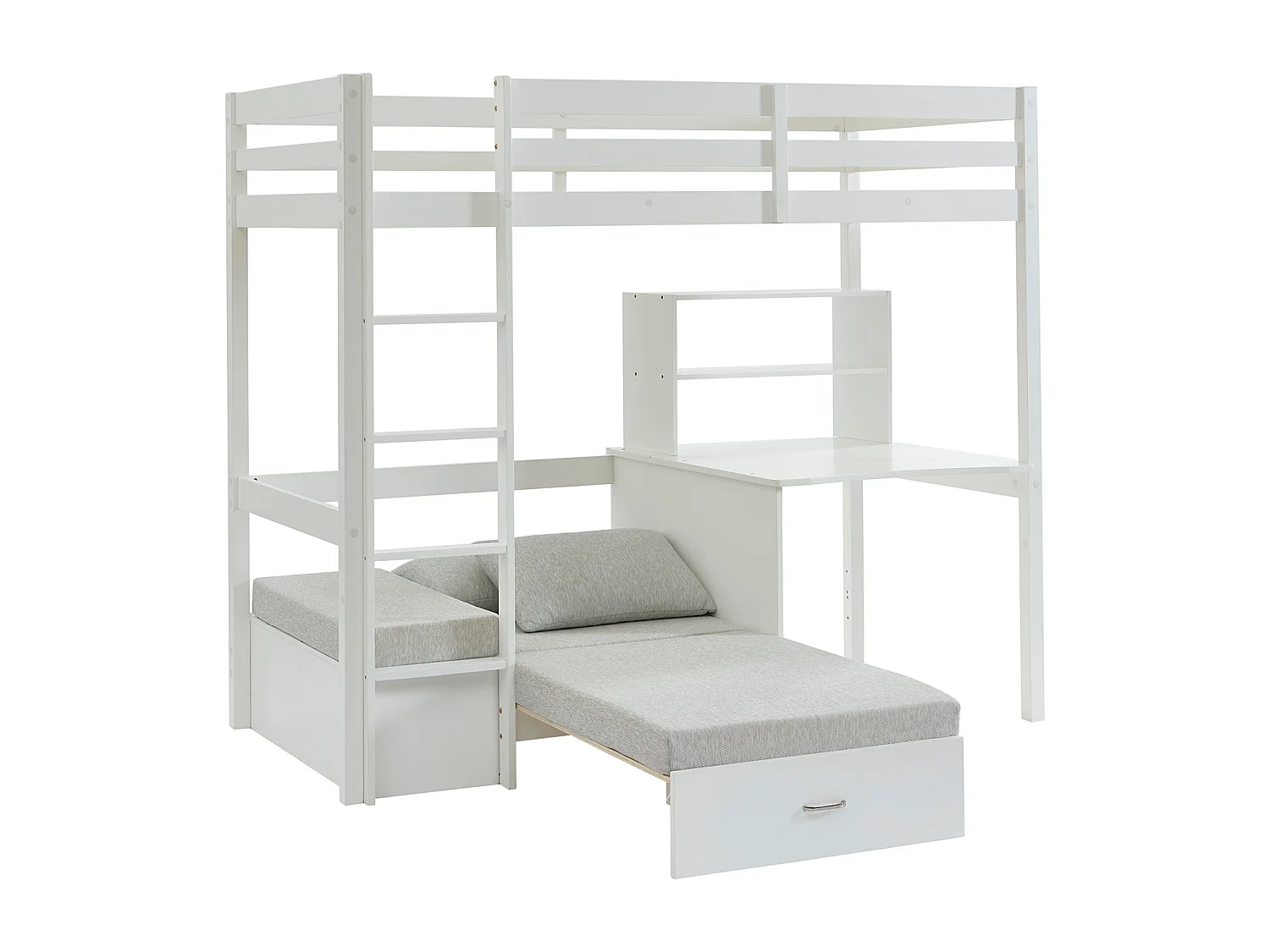 Lit mezzanine 90 x 200 cm avec bureau, sofa convertible et rangements - Pin et MDF - Blanc - GOLIATH III