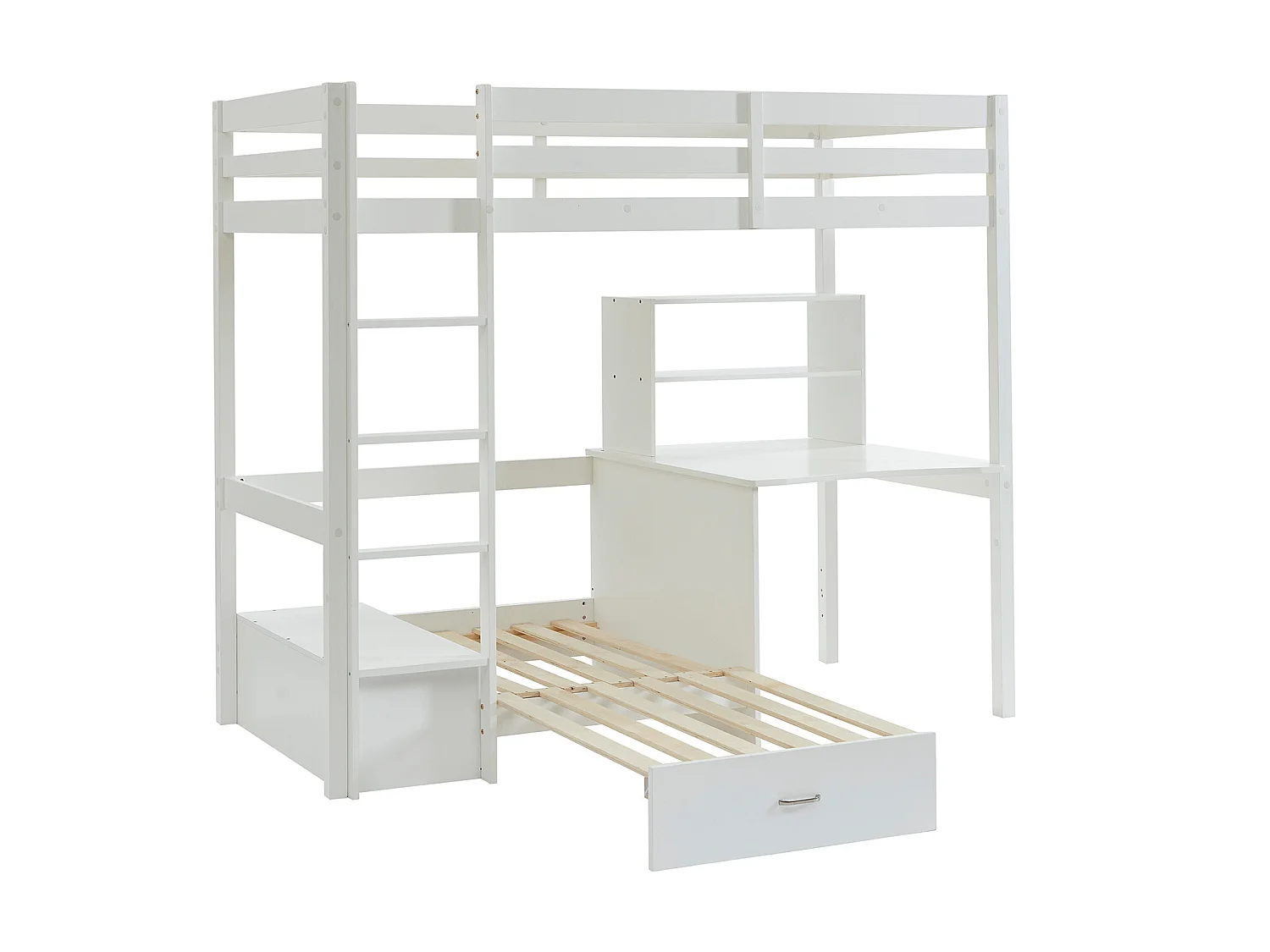 Lit mezzanine 90 x 200 cm avec bureau, sofa convertible et rangements - Pin et MDF - Blanc - GOLIATH III