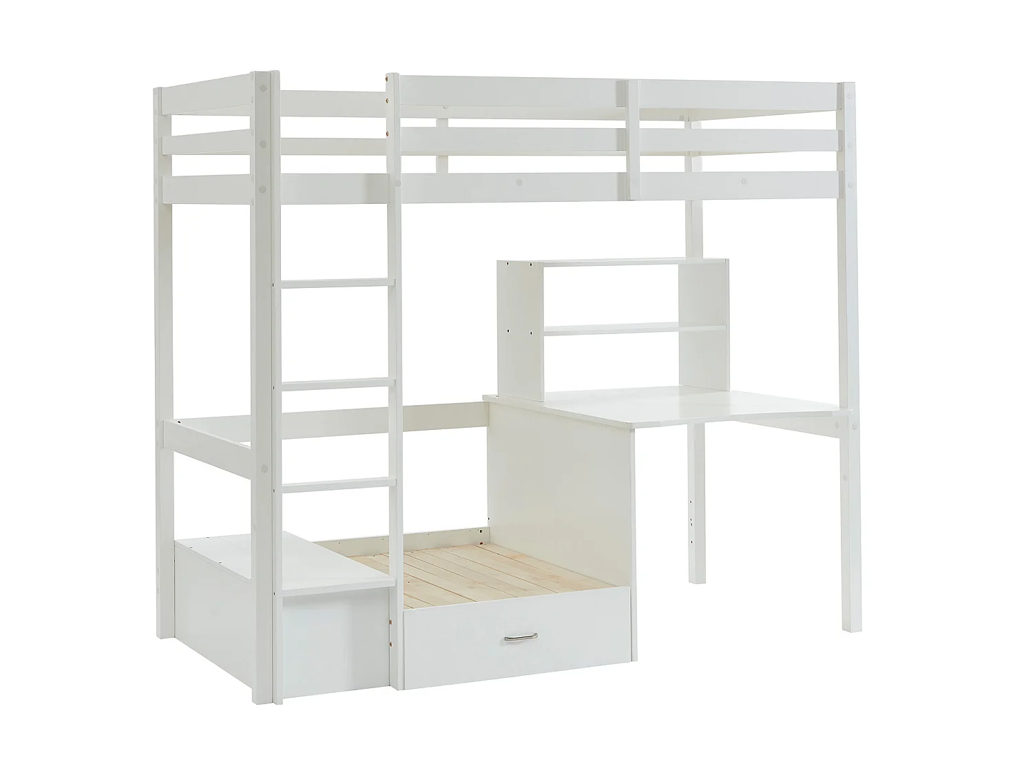 Lit mezzanine 90 x 200 cm avec bureau, sofa convertible et rangements - Pin et MDF - Blanc - GOLIATH III
