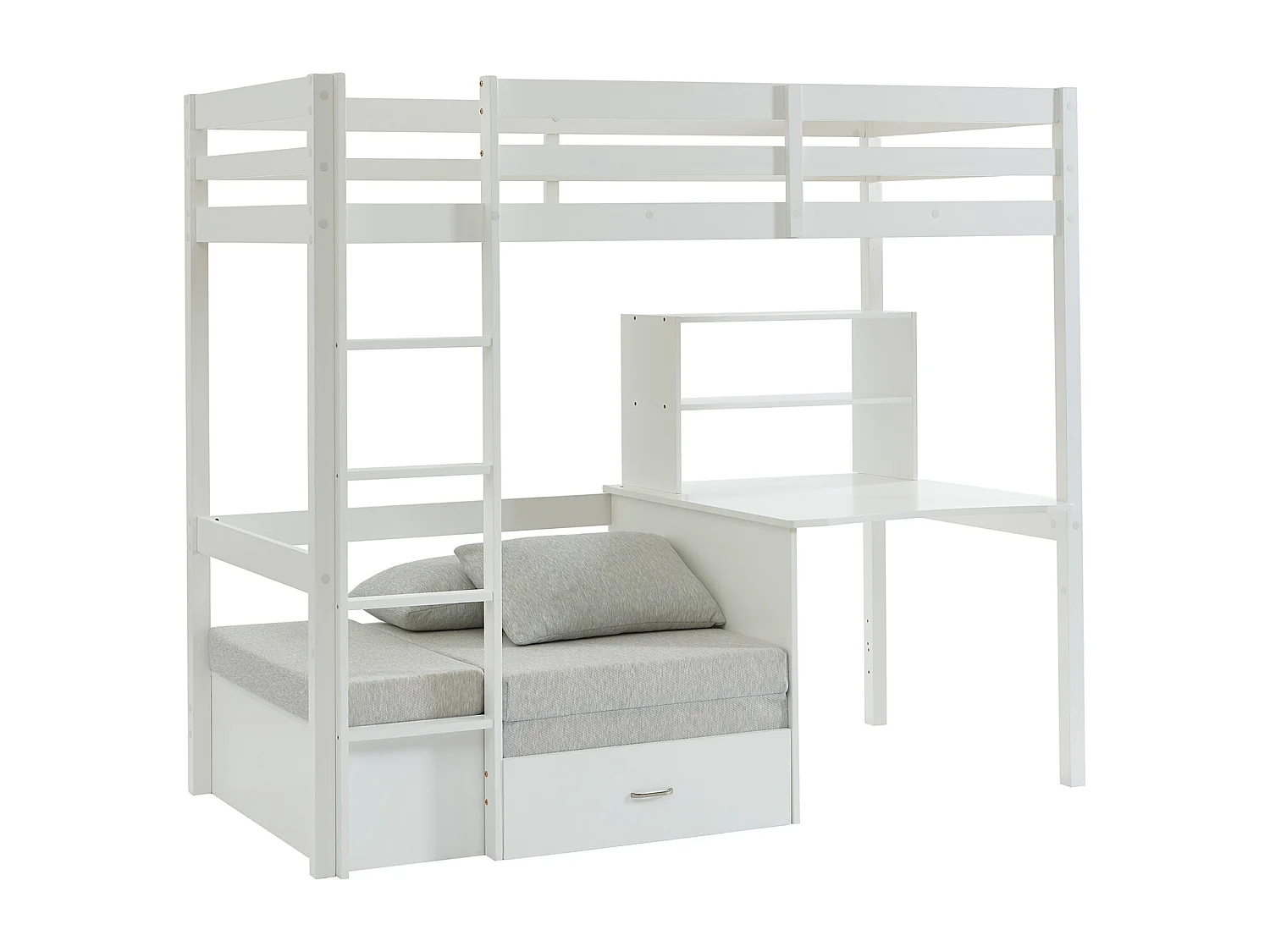 Lit mezzanine 90 x 200 cm avec bureau, sofa convertible et rangements - Pin et MDF - Blanc - GOLIATH III
