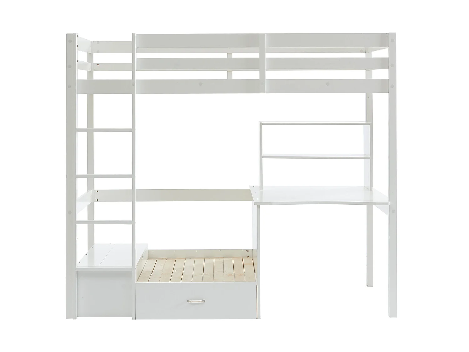 Lit mezzanine 90 x 200 cm avec bureau, sofa convertible et rangements - Pin et MDF - Blanc - GOLIATH III