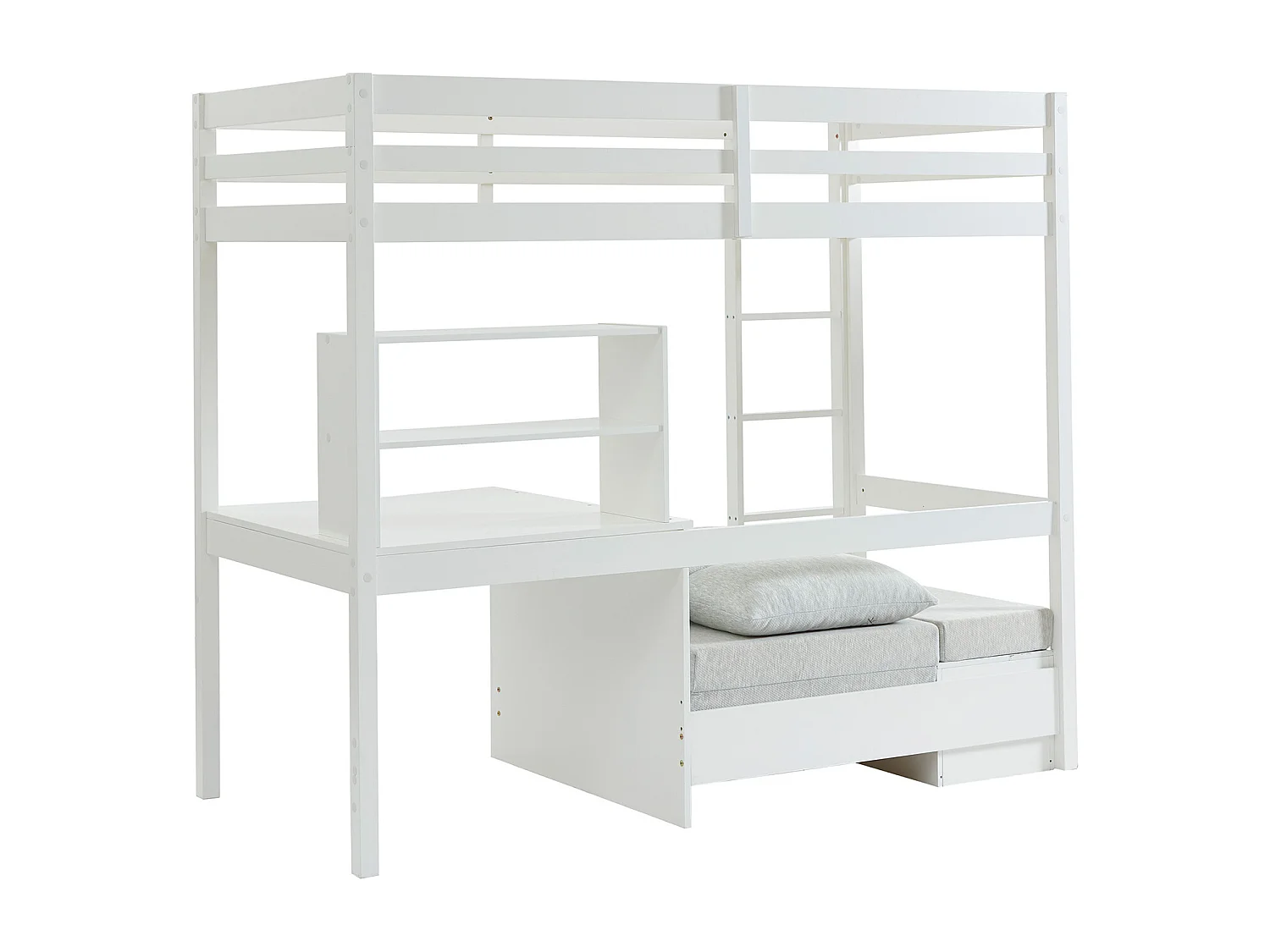 Lit mezzanine 90 x 200 cm avec bureau, sofa convertible et rangements - Pin et MDF - Blanc - GOLIATH III