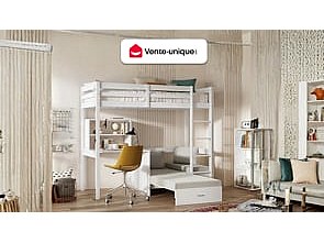 Vente-unique Hochbett mit Schreibtisch, Schlafsofa & Stauraum - 90 x 200 cm - Kiefernholz & MDF - Weiß - GOLIATH III 4034475