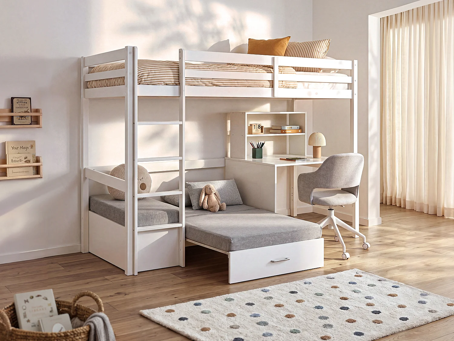 Lit mezzanine 90 x 200 cm avec bureau, sofa convertible et rangements - Pin et MDF - Blanc - GOLIATH III