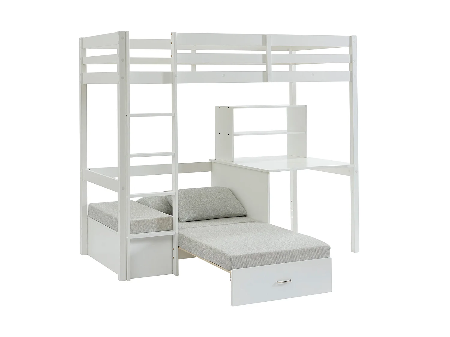 Hoogslaper 90 x 200 cm met bureau, slaapbank en opbergruimte - Massief grenen - Gebleekt + Matras - GOLIATH III