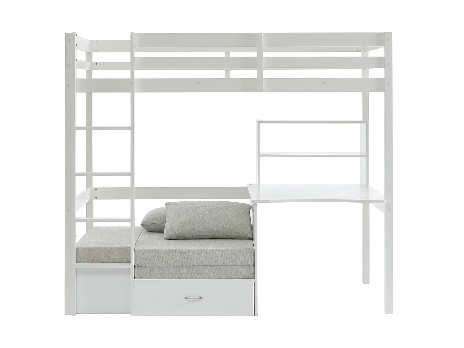 Hoogslaper 90 x 200 cm met bureau, slaapbank en opbergruimte - Massief grenen - Gebleekt + Matras - GOLIATH III