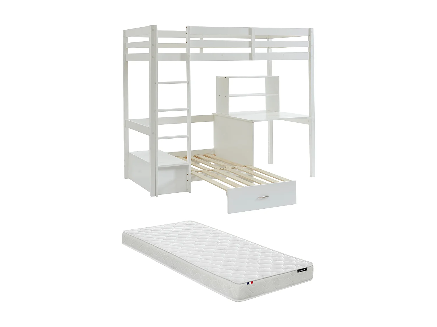 Hoogslaper 90 x 200 cm met bureau, slaapbank en opbergruimte - Massief grenen - Gebleekt + Matras - GOLIATH III