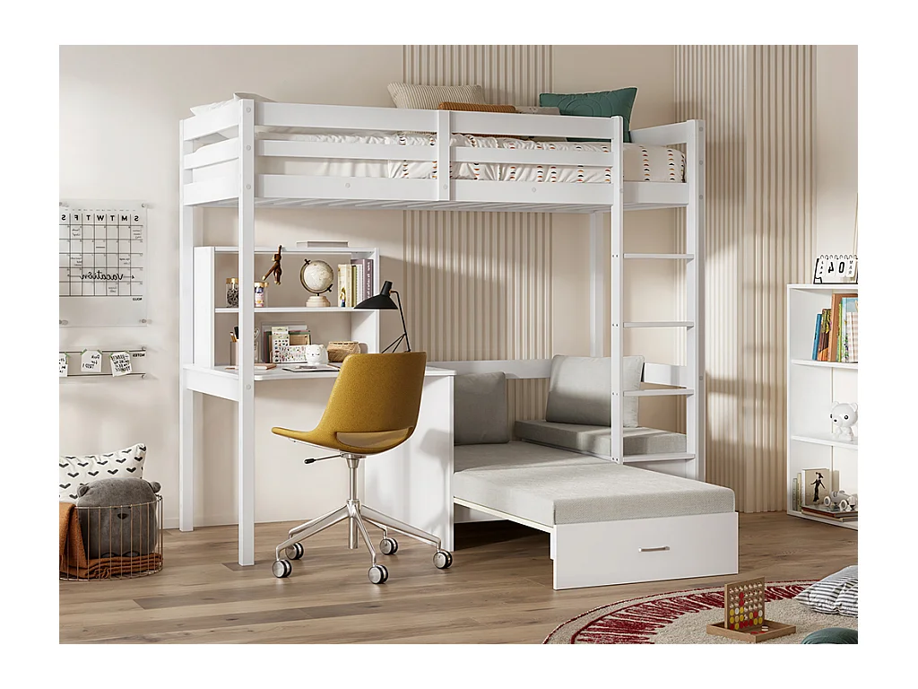 Lit mezzanine 90 x 200 cm avec bureau, sofa convertible et rangements - Pin massif - Blanchi + Matelas - GOLIATH III