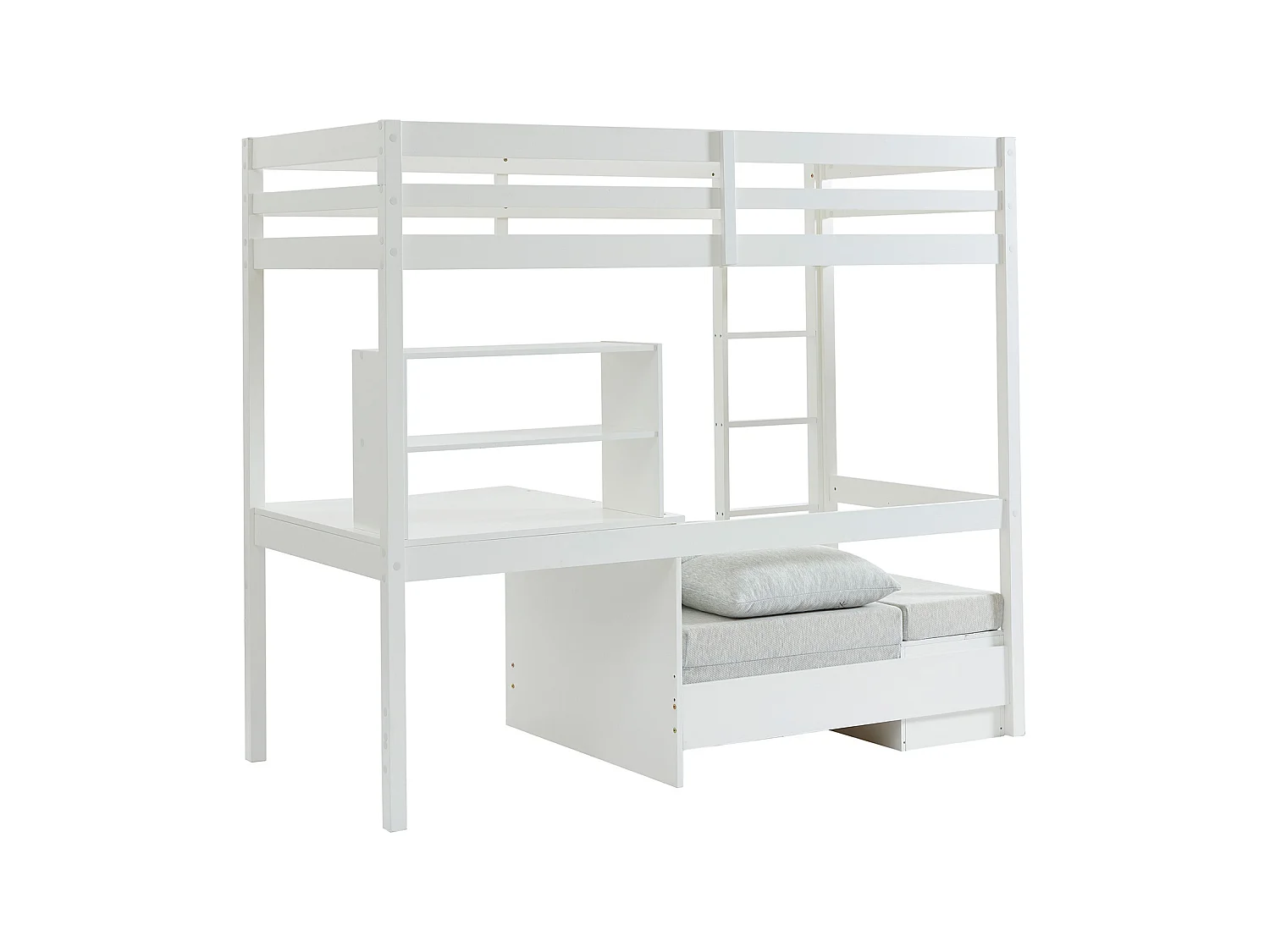 Lit mezzanine 90 x 200 cm avec bureau, sofa convertible et rangements - Pin massif - Blanchi + Matelas - GOLIATH III