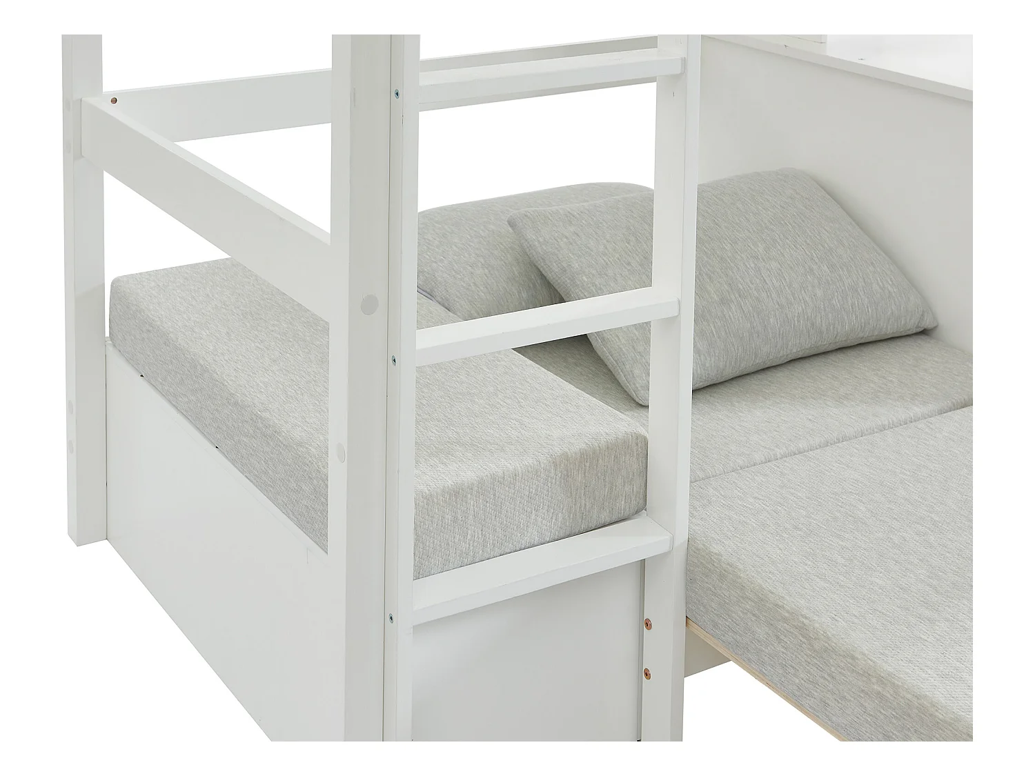 Lit mezzanine 90 x 200 cm avec bureau, sofa convertible et rangements - Pin massif - Blanchi + Matelas - GOLIATH III