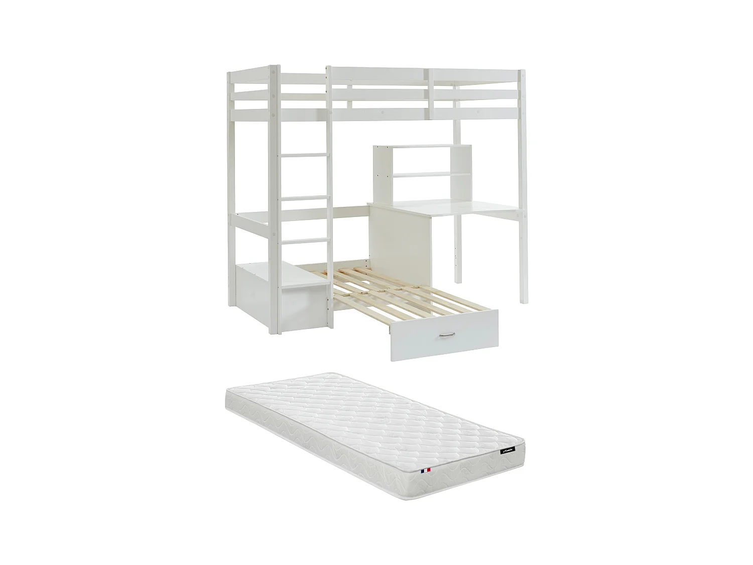 Lit mezzanine 90 x 200 cm avec bureau, sofa convertible et rangements - Pin massif - Blanchi + Matelas - GOLIATH III