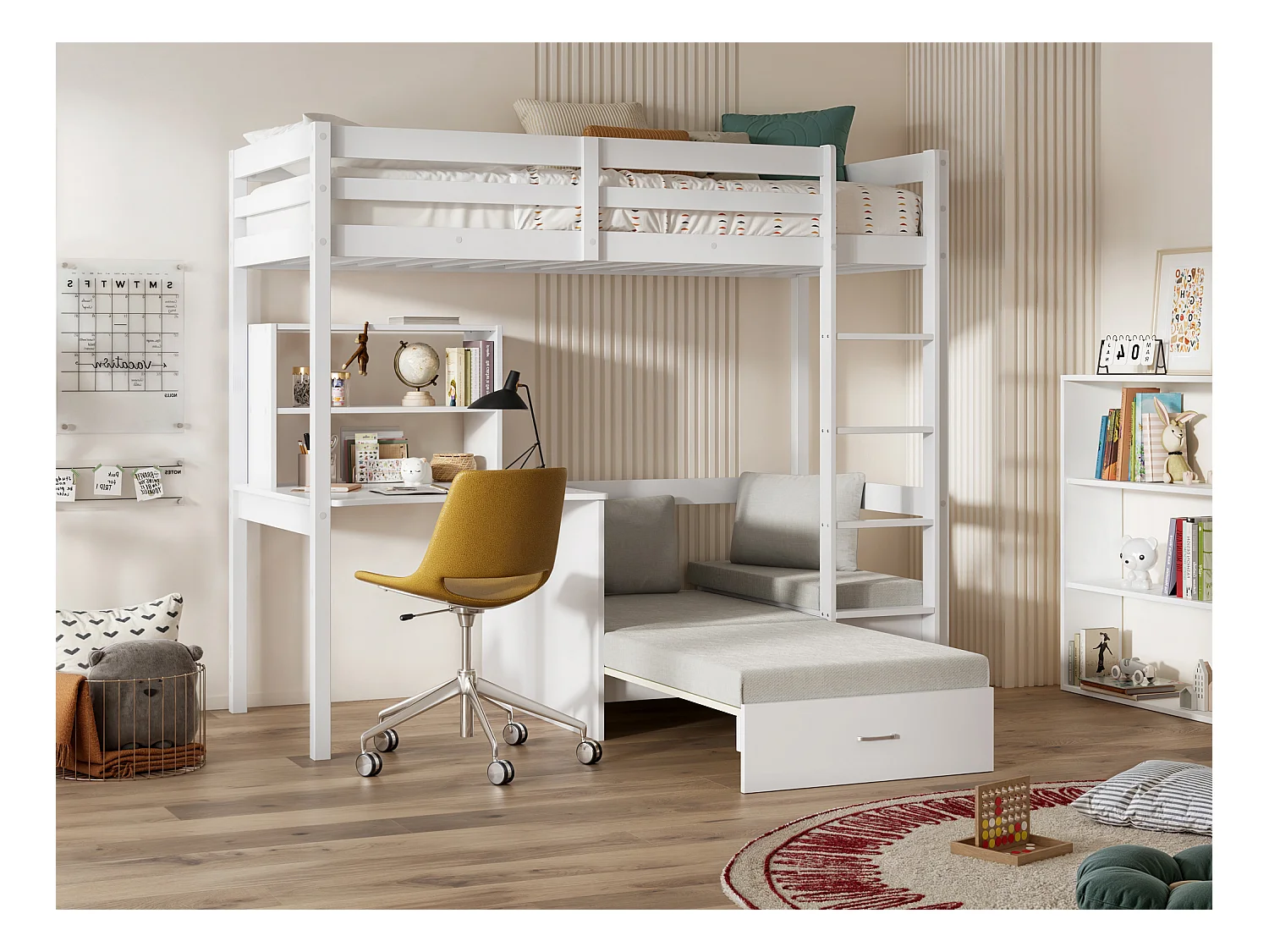 Lit mezzanine 90 x 200 cm avec bureau, sofa convertible et rangements - Pin massif - Blanchi + Matelas - GOLIATH III
