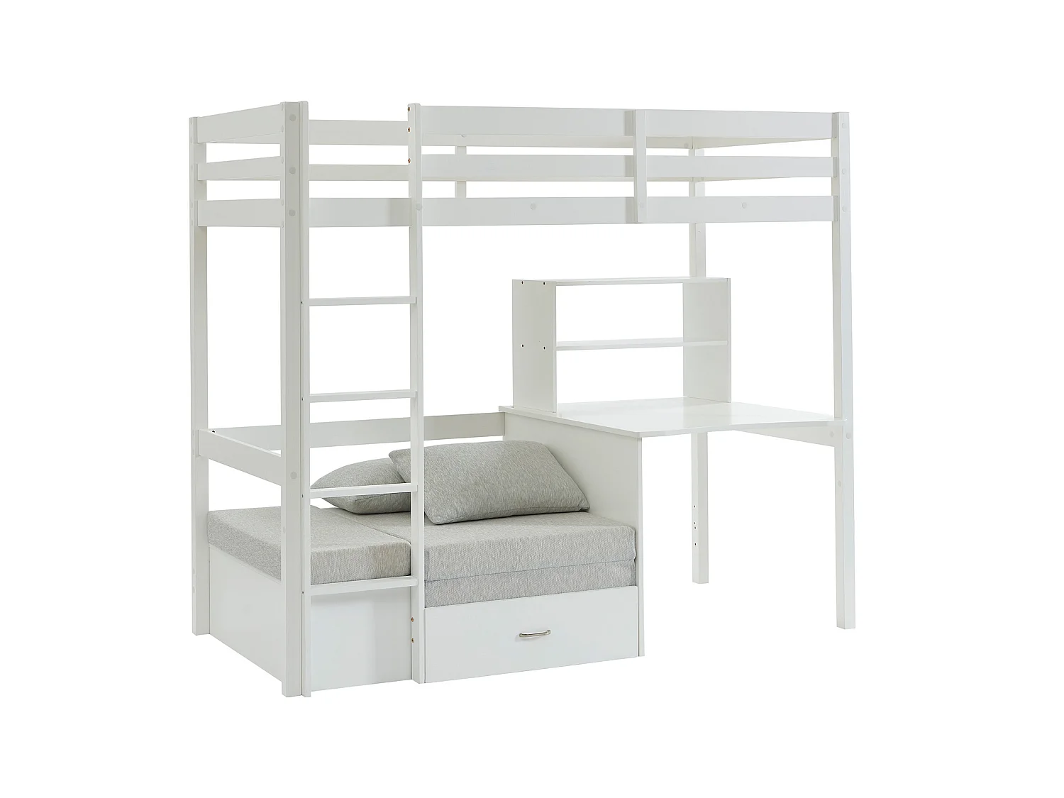Lit mezzanine 90 x 200 cm avec bureau, sofa convertible et rangements - Pin massif - Blanchi + Matelas - GOLIATH III