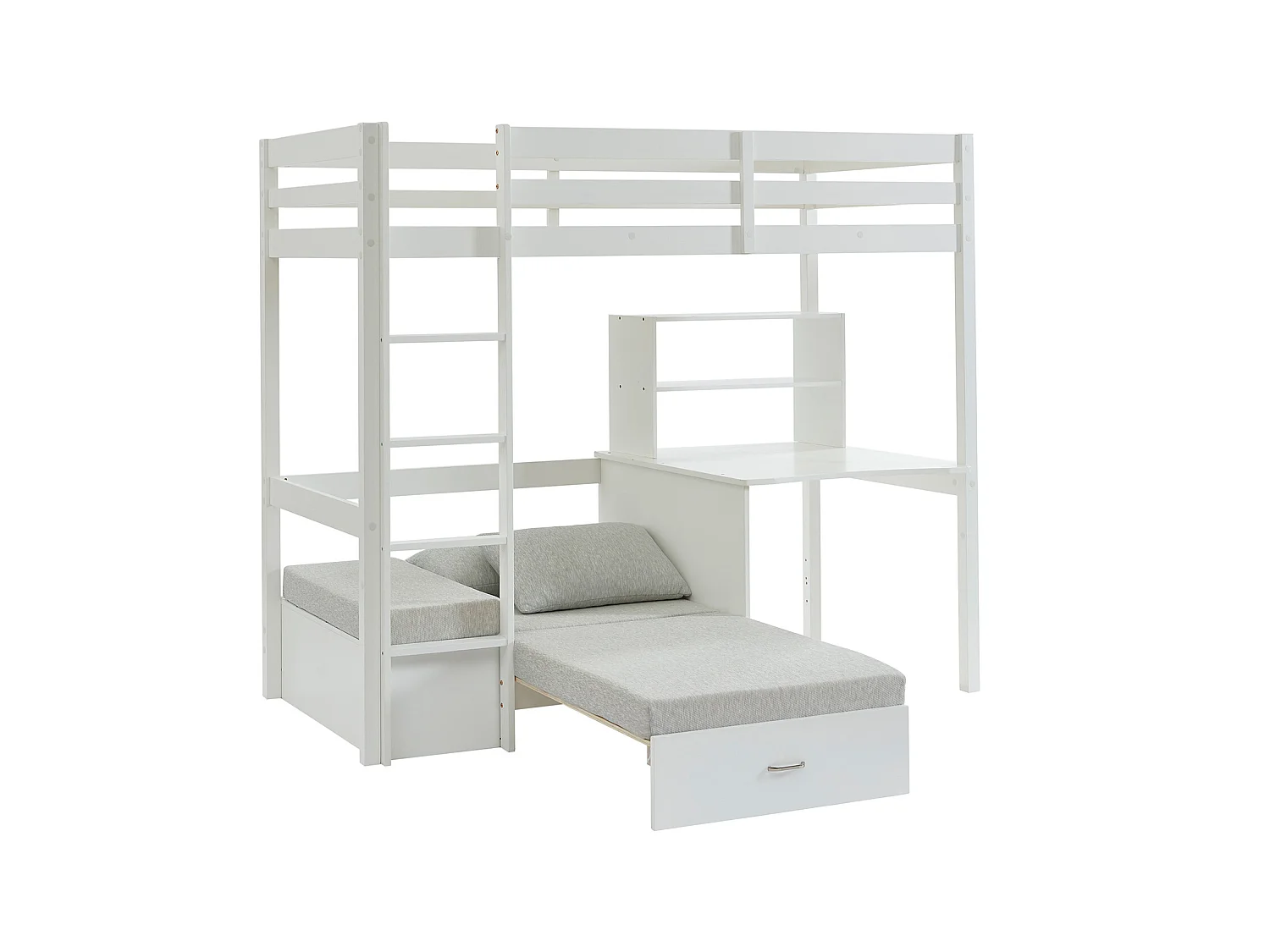 Lit mezzanine 90 x 200 cm avec bureau, sofa convertible et rangements - Pin massif - Blanchi + Matelas - GOLIATH III