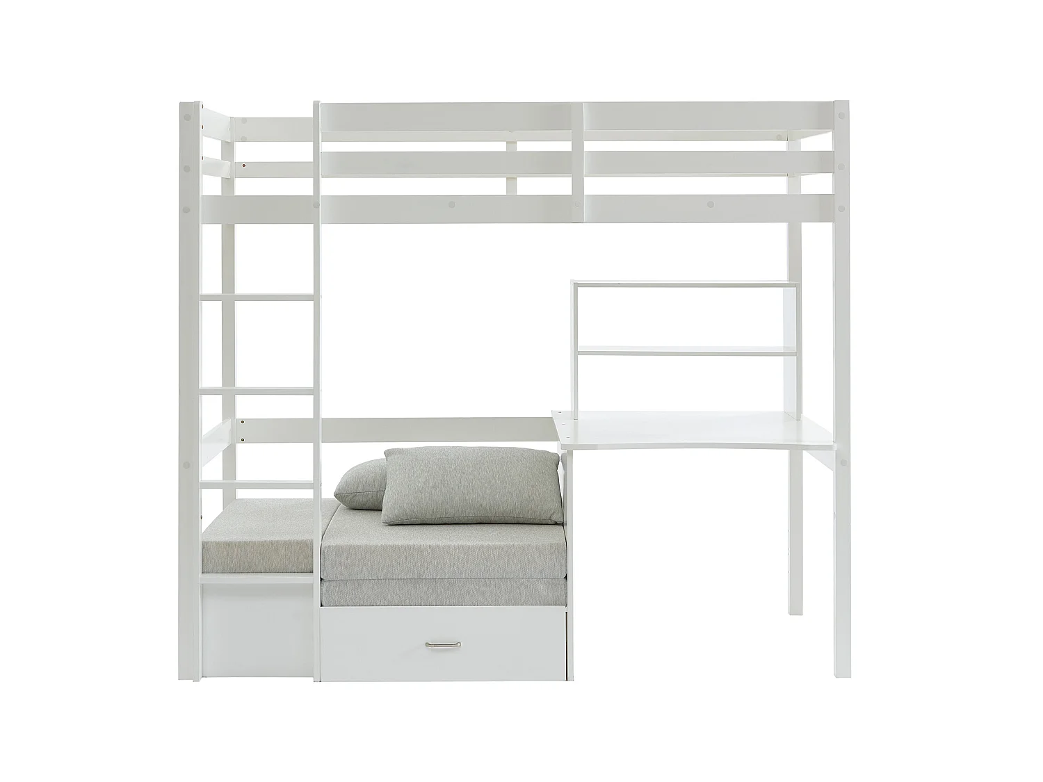 Lit mezzanine 90 x 200 cm avec bureau, sofa convertible et rangements - Pin massif - Blanchi + Matelas - GOLIATH III
