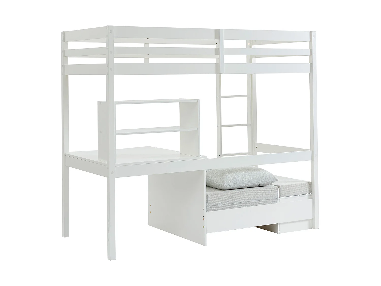 Hoogslaper 90 x 200 cm met bureau, slaapbank en opbergruimte - Massief grenen - Gebleekt + Matras - GOLIATH III